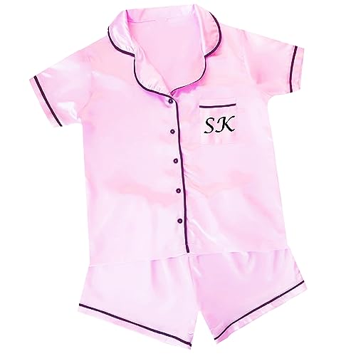 JJLC Girls Personalised Satin Pink Pyjamas Button Collar Nightwear (Pink Personalised - 13 Years)
