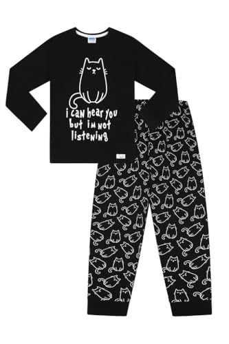 Girls I Can Hear You But I'm Not Listening Cat Long Cotton Pyjama Set (13-14 Years) Black