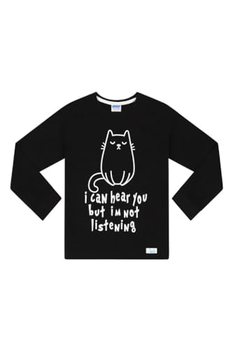 Girls I Can Hear You But I'm Not Listening Cat Long Cotton Pyjama Set (13-14 Years) Black