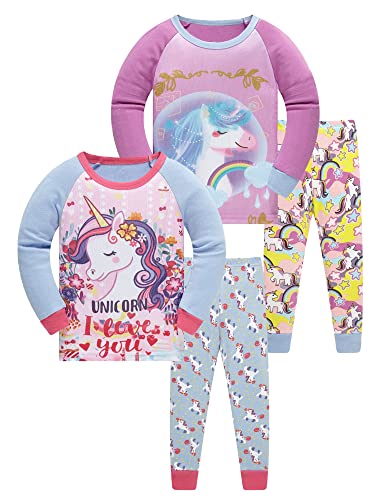 SOIBEEN Girls Pyjamas Set Girls Sleepwear Unicorn Pajamas 100% Cotton PJs 6-7 Years Toddler Clothes Long Sleeve 4-Piece Set