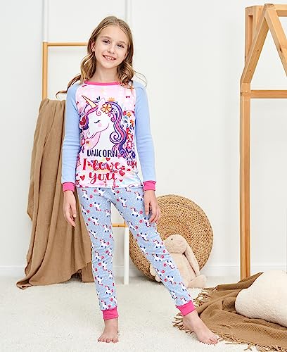 SOIBEEN Girls Pyjamas Set Girls Sleepwear Unicorn Pajamas 100% Cotton PJs 6-7 Years Toddler Clothes Long Sleeve 4-Piece Set