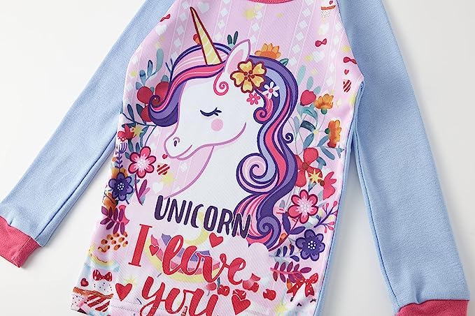 SOIBEEN Girls Pyjamas Set Girls Sleepwear Unicorn Pajamas 100% Cotton PJs 6-7 Years Toddler Clothes Long Sleeve 4-Piece Set