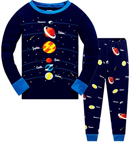 Popshion Boys Pyjamas Set 100% Cotton Planet Pjs Toddler Long Sleeve Sleepwear Kids Clothes 2 Piece Outfit Space T Shirt 6-7 Years