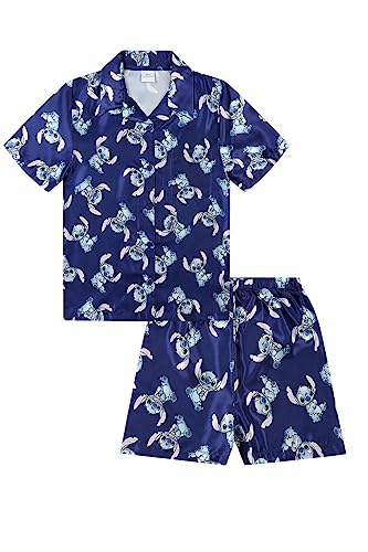 Disney Lilo & Stitch Girls Short Satin Pyjama Set Summer Two Piece Pyjamas Silk Satin sizes 6-12 Years (7-8 Years) Blue