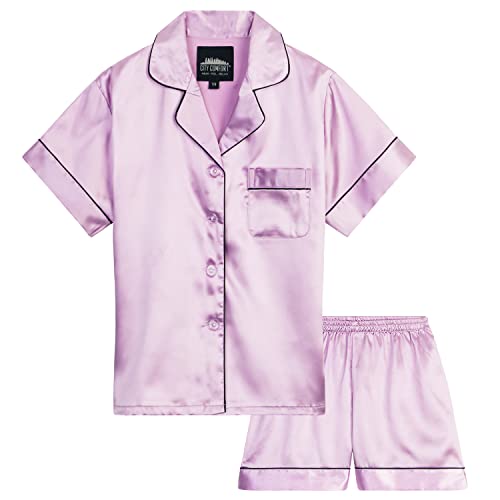 CityComfort Girls Pyjamas Set Satin Short PJs for Summer Pyjamas for Kids and Teenagers Ages 7-16 2 Piece Set Gifts for Girls (Lilac, 9-10 Years)