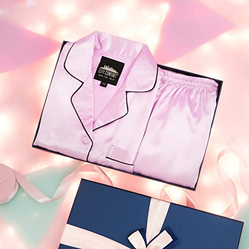 CityComfort Girls Pyjamas Set Satin Short PJs for Summer Pyjamas for Kids and Teenagers Ages 7-16 2 Piece Set Gifts for Girls (Lilac, 9-10 Years)