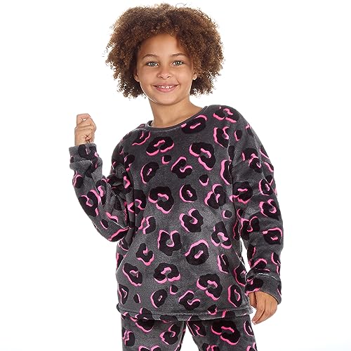 Metzuyan WS-AW23 Kids Girls Neon Leopard Long Sleeved Lounge Set Plush Fleece Warm Pyjama Set Grey 11-12 Years