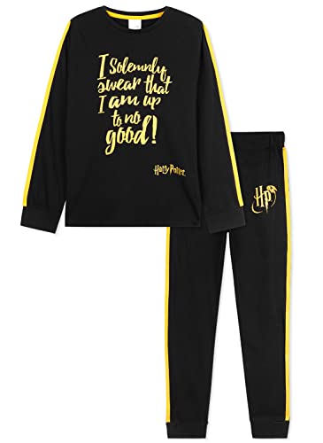 Harry Potter Pyjamas for Girls Teens Nightwear Long Sleeve 100% Cotton Soft Breathable Lounge Wear PJs for Girls Black/Gold Age 7-14 Gifts for Girls (Black/Gold, 11-12 Years)