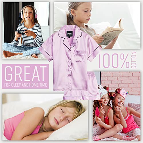 CityComfort Girls Pyjamas Set Satin Short PJs for Summer Pyjamas for Kids and Teenagers Ages 7-16 2 Piece Set Gifts for Girls (Lilac, 9-10 Years)
