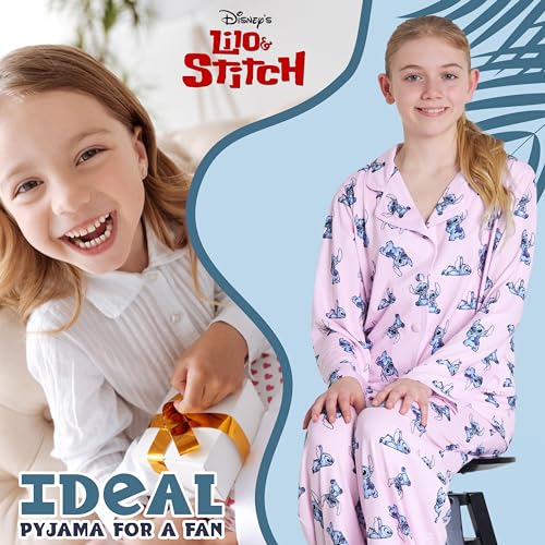 Disney Stitch Girls PJs for Kids Teenagers - 2 Piece Long Girls Pyjamas Breathable Lounge Wear 7-14 - Years Stitch Gifts (Pink, 7-8 Years)