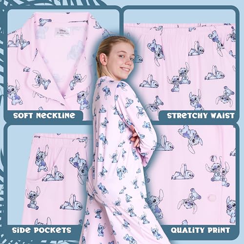 Disney Stitch Girls PJs for Kids Teenagers - 2 Piece Long Girls Pyjamas Breathable Lounge Wear 7-14 - Years Stitch Gifts (Pink, 7-8 Years)