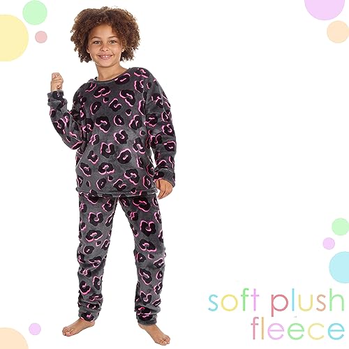 Metzuyan WS-AW23 Kids Girls Neon Leopard Long Sleeved Lounge Set Plush Fleece Warm Pyjama Set Grey 11-12 Years