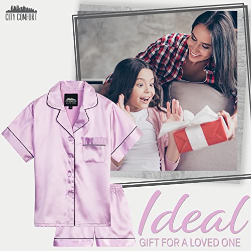 CityComfort Girls Pyjamas Set Satin Short PJs for Summer Pyjamas for Kids and Teenagers Ages 7-16 2 Piece Set Gifts for Girls (Lilac, 9-10 Years)