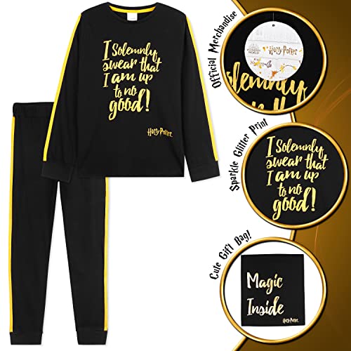 Harry Potter Pyjamas for Girls Teens Nightwear Long Sleeve 100% Cotton Soft Breathable Lounge Wear PJs for Girls Black/Gold Age 7-14 Gifts for Girls (Black/Gold, 11-12 Years)