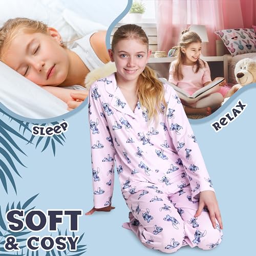 Disney Stitch Girls PJs for Kids Teenagers - 2 Piece Long Girls Pyjamas Breathable Lounge Wear 7-14 - Years Stitch Gifts (Pink, 7-8 Years)
