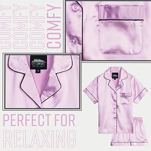 CityComfort Girls Pyjamas Set Satin Short PJs for Summer Pyjamas for Kids and Teenagers Ages 7-16 2 Piece Set Gifts for Girls (Lilac, 9-10 Years)