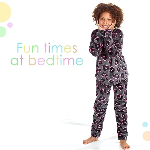 Metzuyan WS-AW23 Kids Girls Neon Leopard Long Sleeved Lounge Set Plush Fleece Warm Pyjama Set Grey 11-12 Years