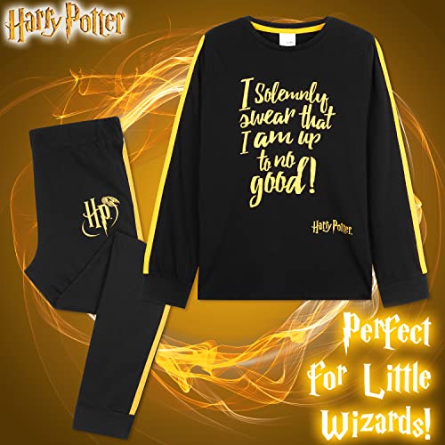 Harry Potter Pyjamas for Girls Teens Nightwear Long Sleeve 100% Cotton Soft Breathable Lounge Wear PJs for Girls Black/Gold Age 7-14 Gifts for Girls (Black/Gold, 11-12 Years)