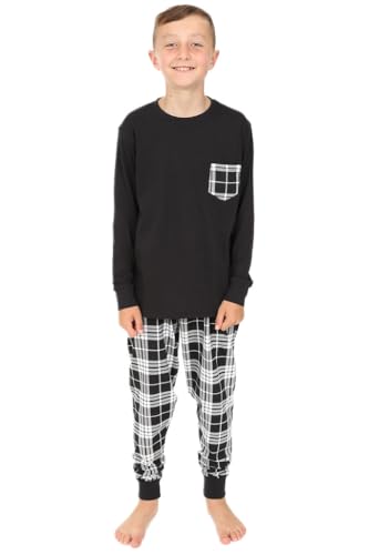 ThePyjamaFactory Boys Black and White Long Tartan Check Bottoms Pyjama Set Pjs For Kids (13-14 Years)