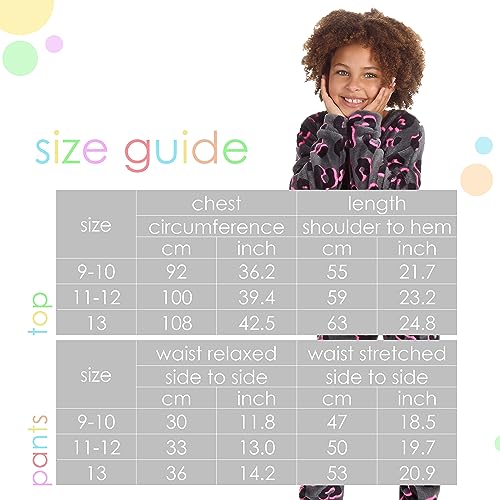 Metzuyan WS-AW23 Kids Girls Neon Leopard Long Sleeved Lounge Set Plush Fleece Warm Pyjama Set Grey 11-12 Years