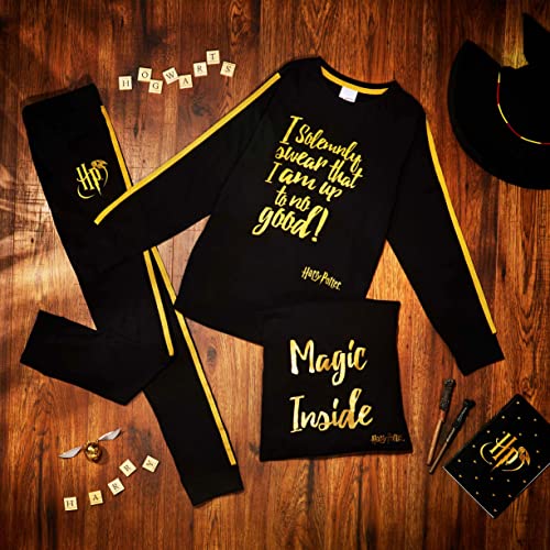 Harry Potter Pyjamas for Girls Teens Nightwear Long Sleeve 100% Cotton Soft Breathable Lounge Wear PJs for Girls Black/Gold Age 7-14 Gifts for Girls (Black/Gold, 11-12 Years)