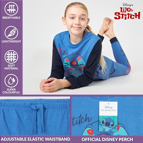 Disney Stitch Girls Pyjamas Kids Teenagers 2 Piece Nightwear Sets Long Girls PJs Soft Breathable Lounge Wear 6-14 Years (Blue, 7-8 Years)