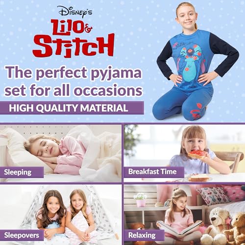 Disney Stitch Girls Pyjamas Kids Teenagers 2 Piece Nightwear Sets Long Girls PJs Soft Breathable Lounge Wear 6-14 Years (Blue, 7-8 Years)