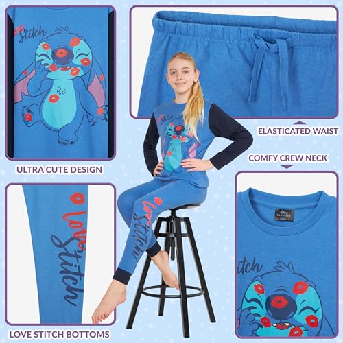 Disney Stitch Girls Pyjamas Kids Teenagers 2 Piece Nightwear Sets Long Girls PJs Soft Breathable Lounge Wear 6-14 Years (Blue, 7-8 Years)