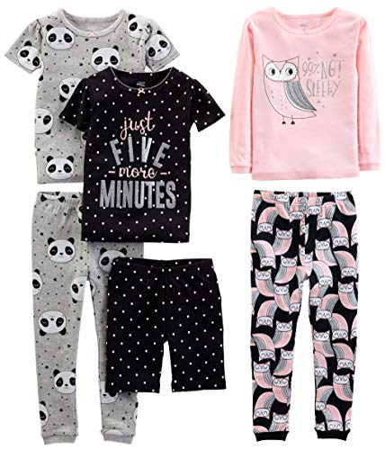 Simple Joys by Carter's Girl's 6-Piece Snug Fit Cotton Pajama Set, Black Dots/Grey Panda/Pink Owl, 7 Years (Pack of 3)