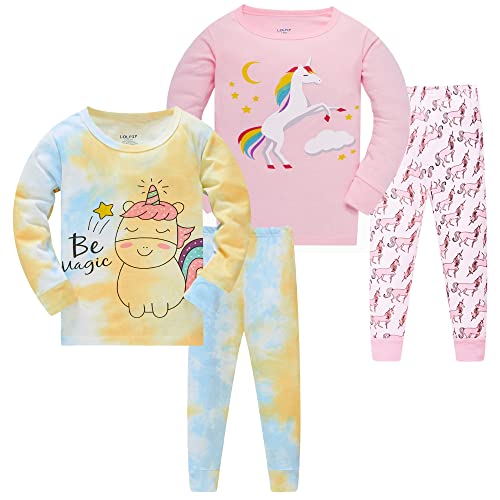 LOLPIP Girls Pyjamas Tie Dye Printed Sleepwear 100% Cotton PJs for Kids Unicorn Pajamas Long Sleeve 4 Pieces Set 6-7 Years