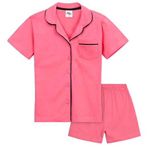 Girls Pyjamas Summer Nightwear Sets Button Down Short Pyjamas for Kids and Teenagers Breathable Soft 100% Cotton Lounge Wear Short Sleeved PJs for Girls Sizes 5-14 Years (Pink, 13-14 Years)