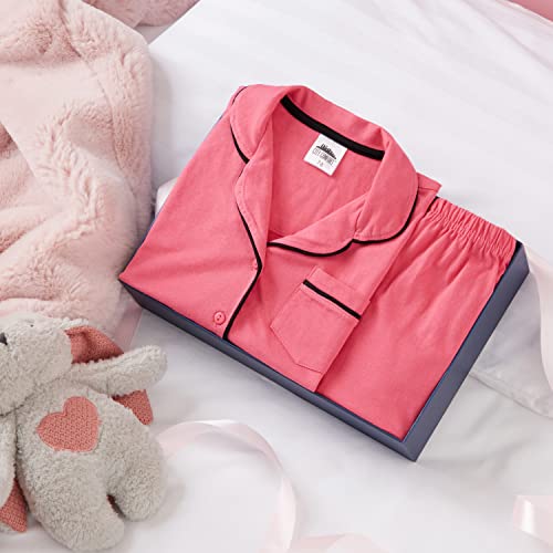 Girls Pyjamas Summer Nightwear Sets Button Down Short Pyjamas for Kids and Teenagers Breathable Soft 100% Cotton Lounge Wear Short Sleeved PJs for Girls Sizes 5-14 Years (Pink, 13-14 Years)