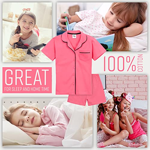 Girls Pyjamas Summer Nightwear Sets Button Down Short Pyjamas for Kids and Teenagers Breathable Soft 100% Cotton Lounge Wear Short Sleeved PJs for Girls Sizes 5-14 Years (Pink, 13-14 Years)