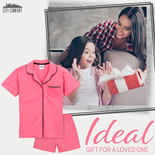 Girls Pyjamas Summer Nightwear Sets Button Down Short Pyjamas for Kids and Teenagers Breathable Soft 100% Cotton Lounge Wear Short Sleeved PJs for Girls Sizes 5-14 Years (Pink, 13-14 Years)
