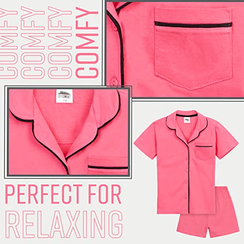Girls Pyjamas Summer Nightwear Sets Button Down Short Pyjamas for Kids and Teenagers Breathable Soft 100% Cotton Lounge Wear Short Sleeved PJs for Girls Sizes 5-14 Years (Pink, 13-14 Years)