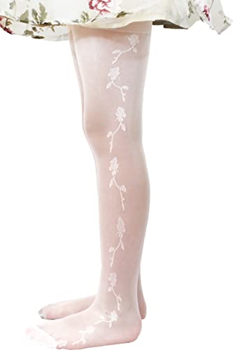 JUST BEAUTY TOUCH Girls White Patterned Tights 20 den Communion Bridesmaid Girl Party Pantyhose (Model E, 6 - 8 Years ( 128-134cm ))