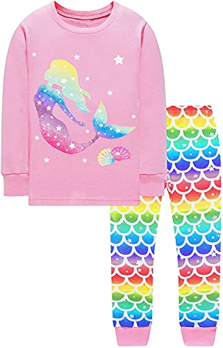 Toddler Girls Pyjamas 100% Cotton Mermaid Sleepwear Long Sleeve Pjs Winter Children Pajamas Fall Warm T Shirt and Pants Kids 2 Pieces Outfit Age 4-5 Years