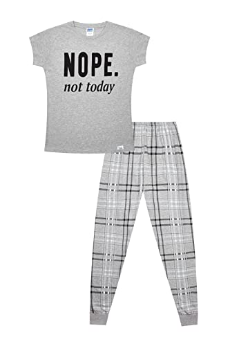 ThePyjamaFactory Girls Cheeky Nope Not Today Checked Leg Long Cotton Pyjamas (13-14 Years) White