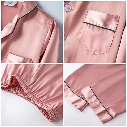 PythJooh Girls Satin Pyjamas Sets Girls Boys Long Sleeve Button-Down Pjs Set 2PCs Silky Nightwear Sleepwear for 3-14Years