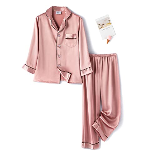 PythJooh Girls Satin Pyjamas Sets Girls Boys Long Sleeve Button-Down Pjs Set 2PCs Silky Nightwear Sleepwear for 3-14Years