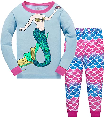 Girls Pyjamas Set Toddler Clothes Sleepwear Colorful Mermaid Nightwear Winter Long Sleeve PJs 2 Piece Xmas Gift for Kids(Mermaid-6454-10t)
