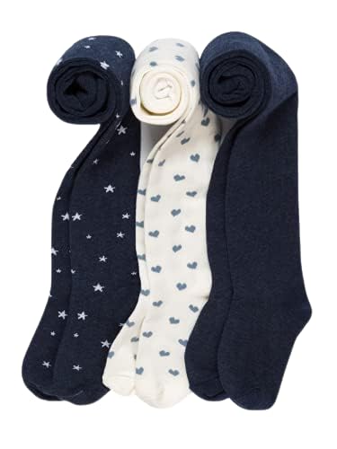 artie Girls and Baby Tights, 3 Pack, Grey, White, Pink, Navy, Patterned, School Kids Tights, Cotton Rich Material, 3-12 Years (Navy stars and hearts, 5-6 Years)