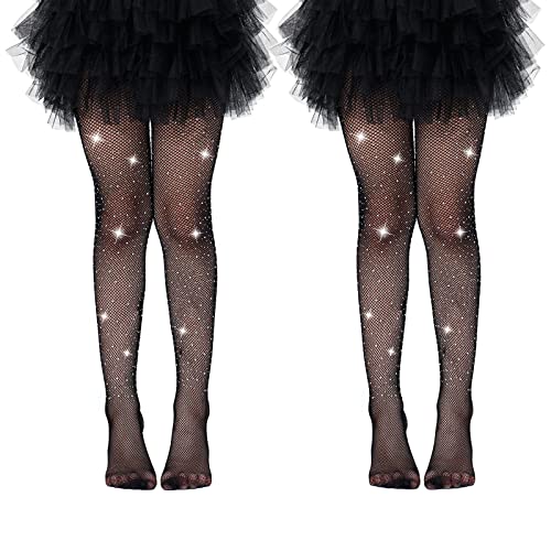 MANZI Girls Fishnet Tights Rhinestone Black Tights for Girls Sparkle Fishnet Stockings for Ballet Costume Halloween(Pack of 2) Black