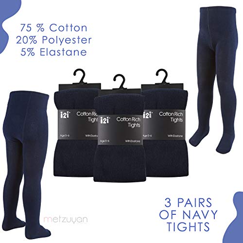 3Metzuyan Girls Cotton 3 Pairs School Tights 2-3 up to 11-12 Years Navy 5-6