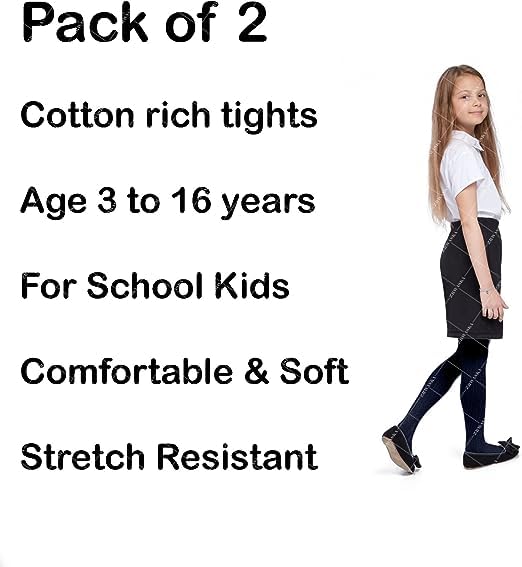 ITRAT® 2 Pairs Kids Girls School Cotton Tights Children Plain Uniform School Tights, Thick Warm Winter Cotton Rich Plain School Tights Girls Plain Super Soft Tight Everyday use (Black 15-16 Years)
