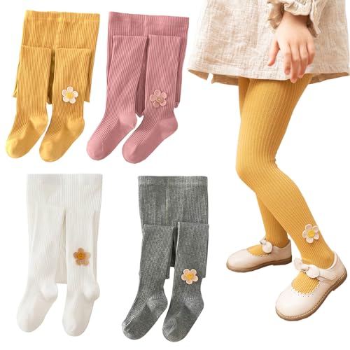 Silkglory Tights for Girls (2 Pack) Stockings for Girl, Cable Knit Cotton Toddler Tights Pantyhose with Flower Decoration 4-5T, Ginger/Pink