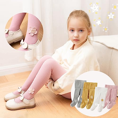 Silkglory Tights for Girls (2 Pack) Stockings for Girl, Cable Knit Cotton Toddler Tights Pantyhose with Flower Decoration 4-5T, Ginger/Pink