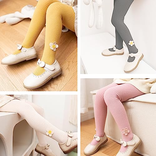 Silkglory Tights for Girls (2 Pack) Stockings for Girl, Cable Knit Cotton Toddler Tights Pantyhose with Flower Decoration 4-5T, Ginger/Pink