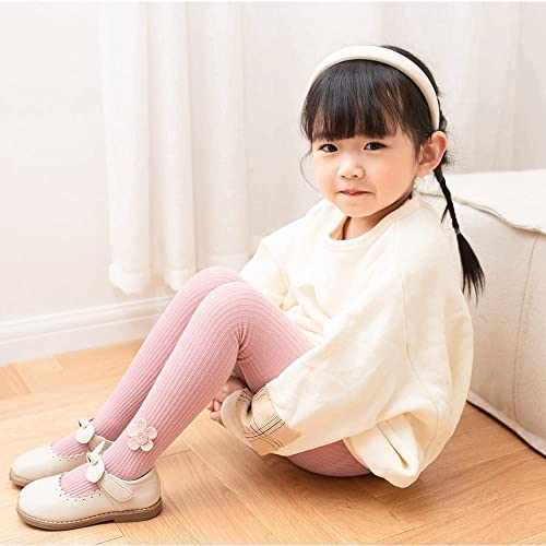 Silkglory Tights for Girls (2 Pack) Stockings for Girl, Cable Knit Cotton Toddler Tights Pantyhose with Flower Decoration 4-5T, Ginger/Pink