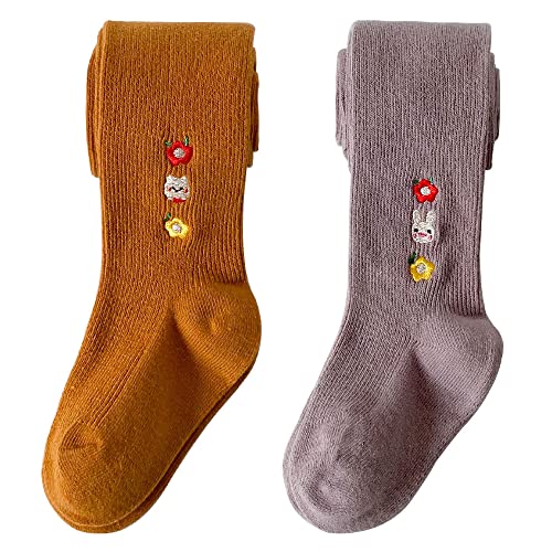 Snegyu 2 Pack Cute Warm Kids Girls' Knit Cotton Tights Baby Girl Leggings Floral Embroidery Patterned Toddler Pantyhose